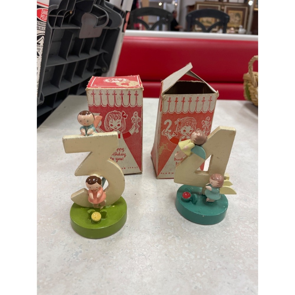 Sevi Lot Of  2 Wooden Birthday Cake Toppers 3" Figurines Angels Italy Vintage